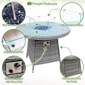 Windsor Rattan 6 Seat Firepit Dining Set in Mixed Grey