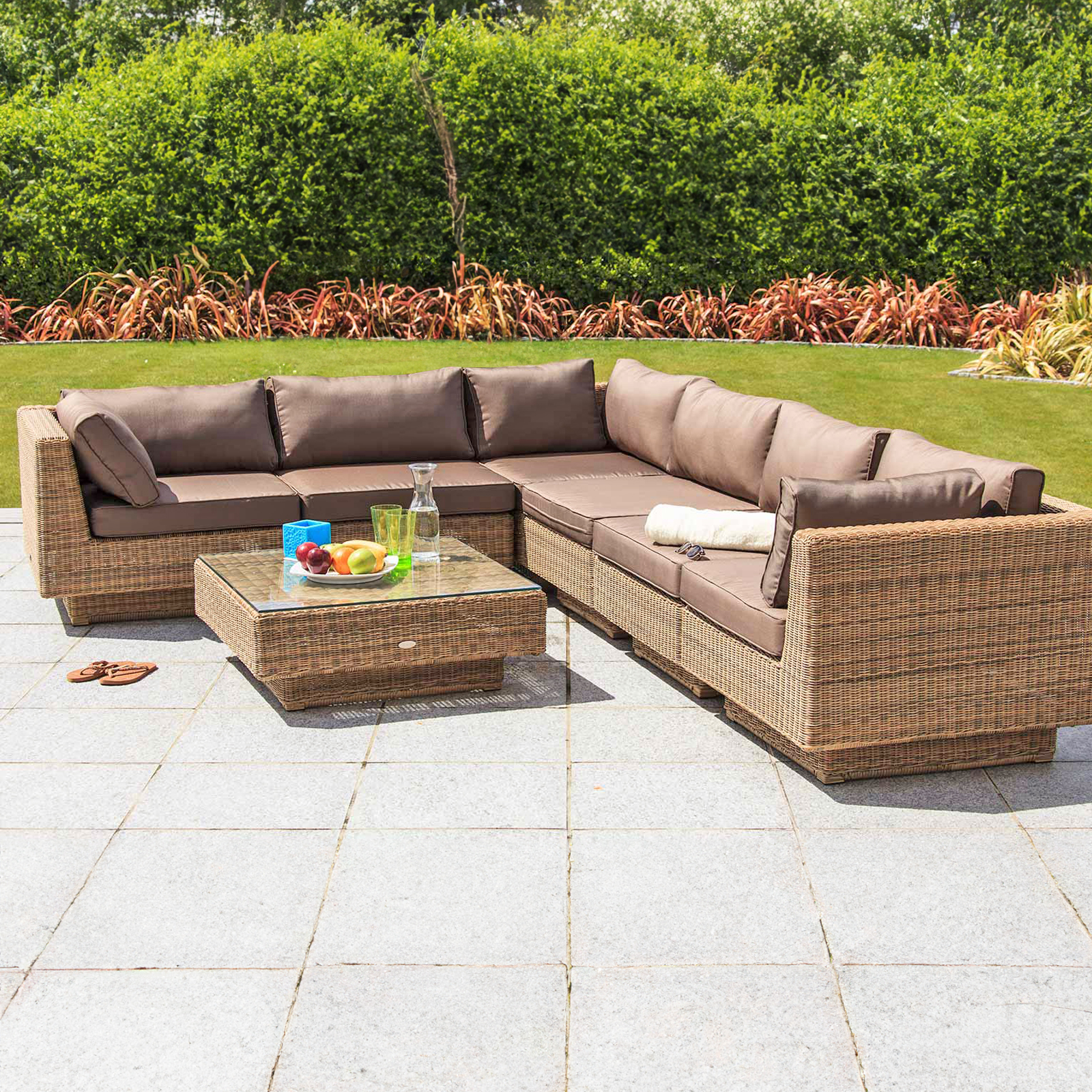 chicago rattan 6 seater deluxe modular lounge set in 4 seasons with brown cushions