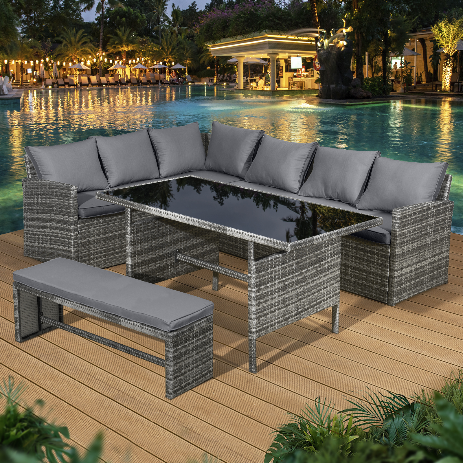 fiji rattan 8 seat corner dining set in pewter grey