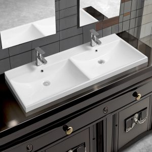5409 ceramic 120.5cm thick edge double inset basin with scooped full bowl