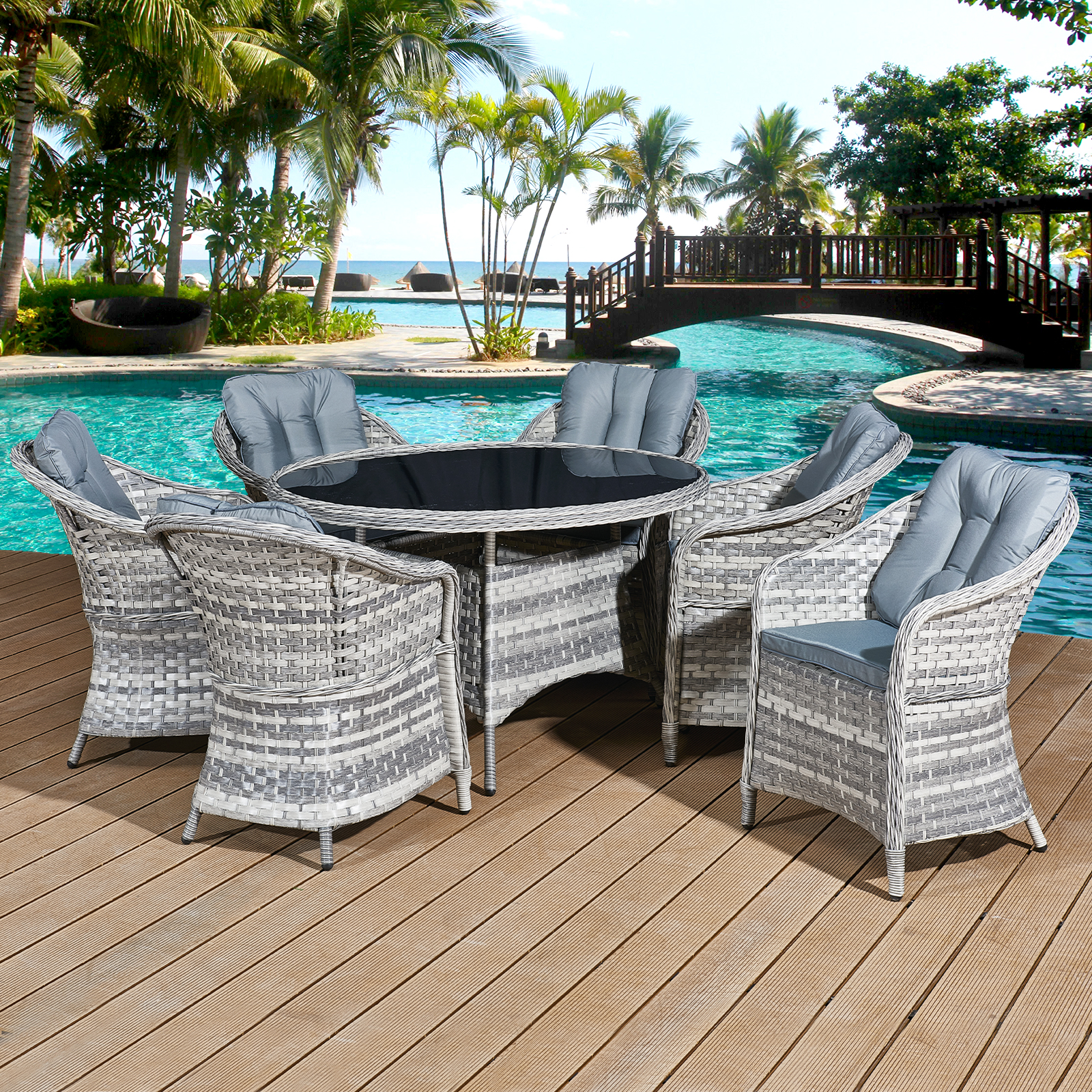 sicilia rattan 6 seat dining set in dove grey with black glass