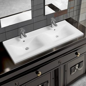 5089 ceramic 121cm thin edge double inset basin with dipped bowl