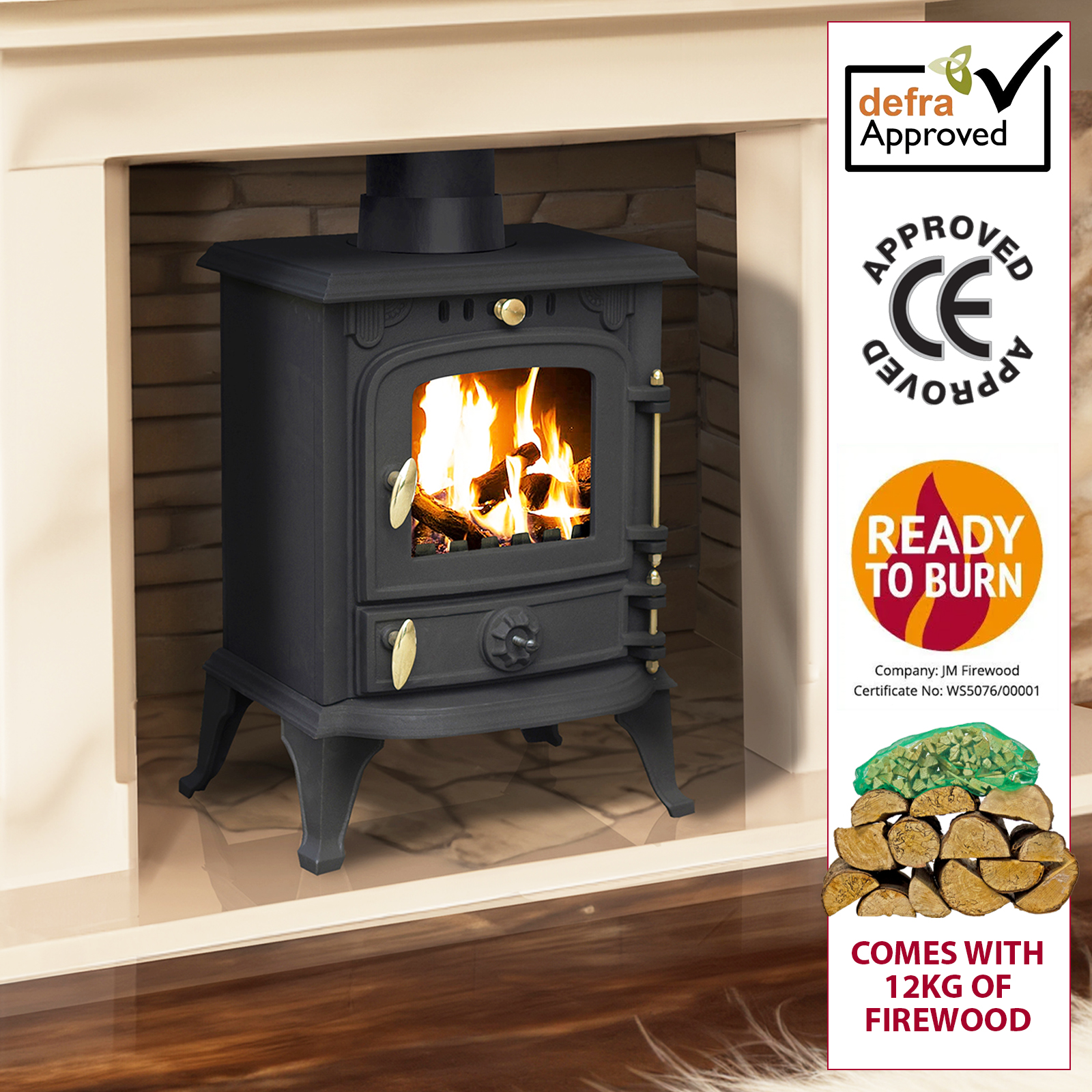 4.5kw cast iron multifuel stove + firewood starter kit