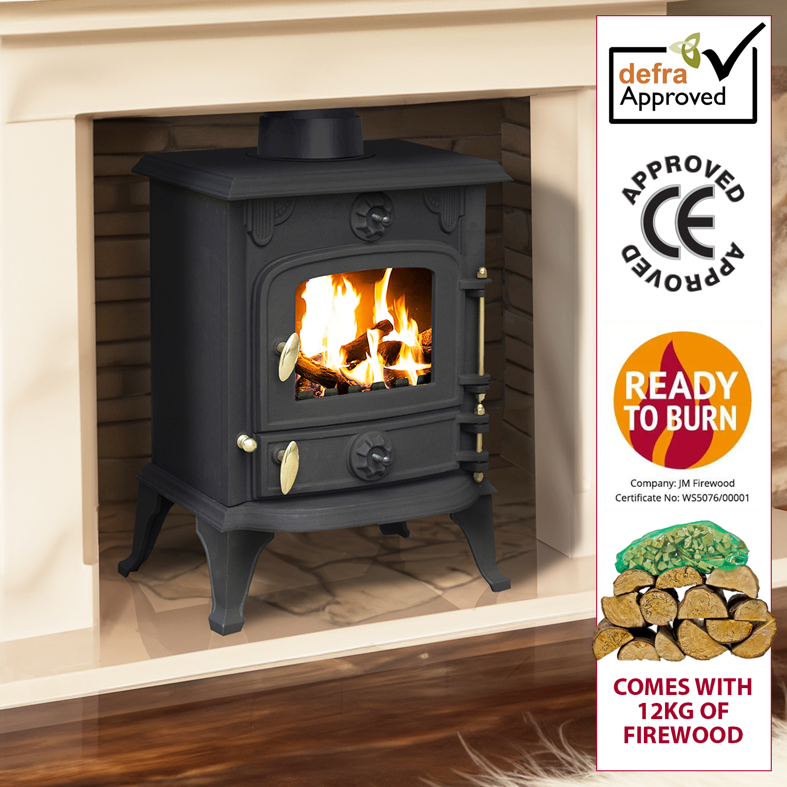 5kw cast iron multifuel stove + firewood starter kit