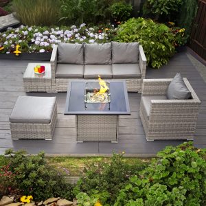 acorn rattan 5 seat firepit lounge set in dove grey