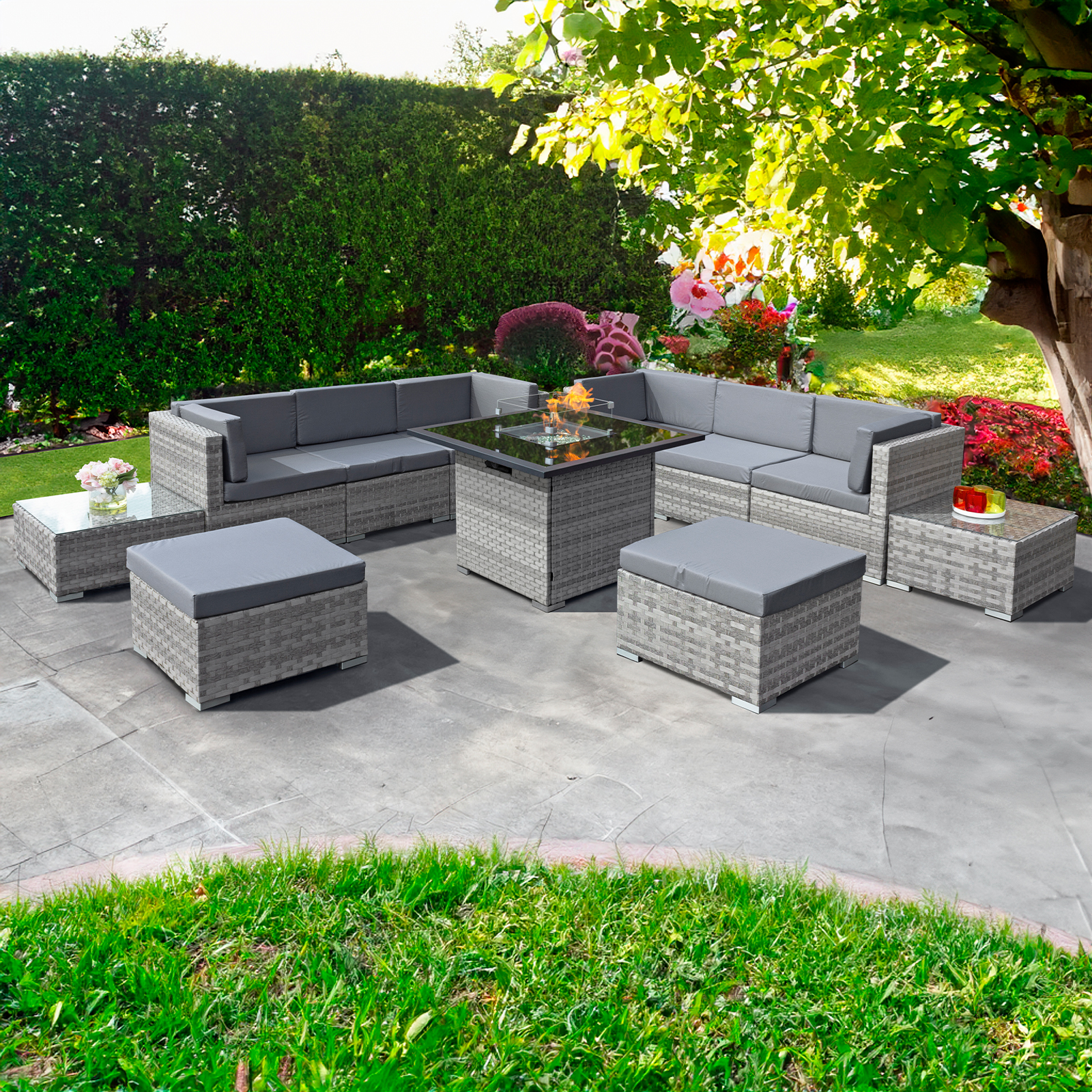 trinidad deluxe rattan 8 seat firepit modular set in dove grey