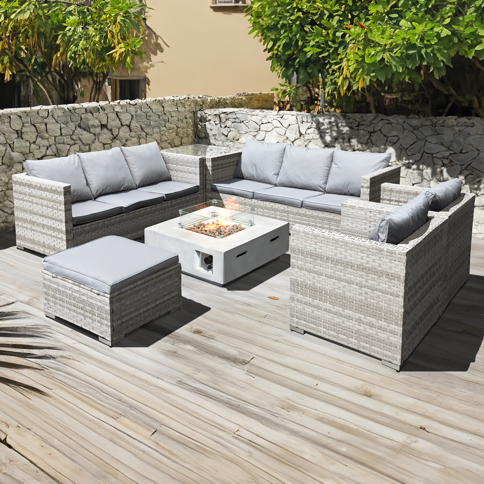 acorn deluxe rattan 10 seat rising firepit sofa set in dove grey