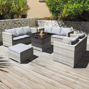 malta xs rattan 9 seat u shape firepit set in dove grey