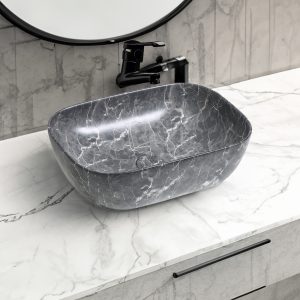 7840 ceramic oblong countertop basin in black marble effect
