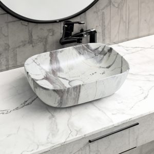 7840 ceramic oblong countertop basin in white marble effect