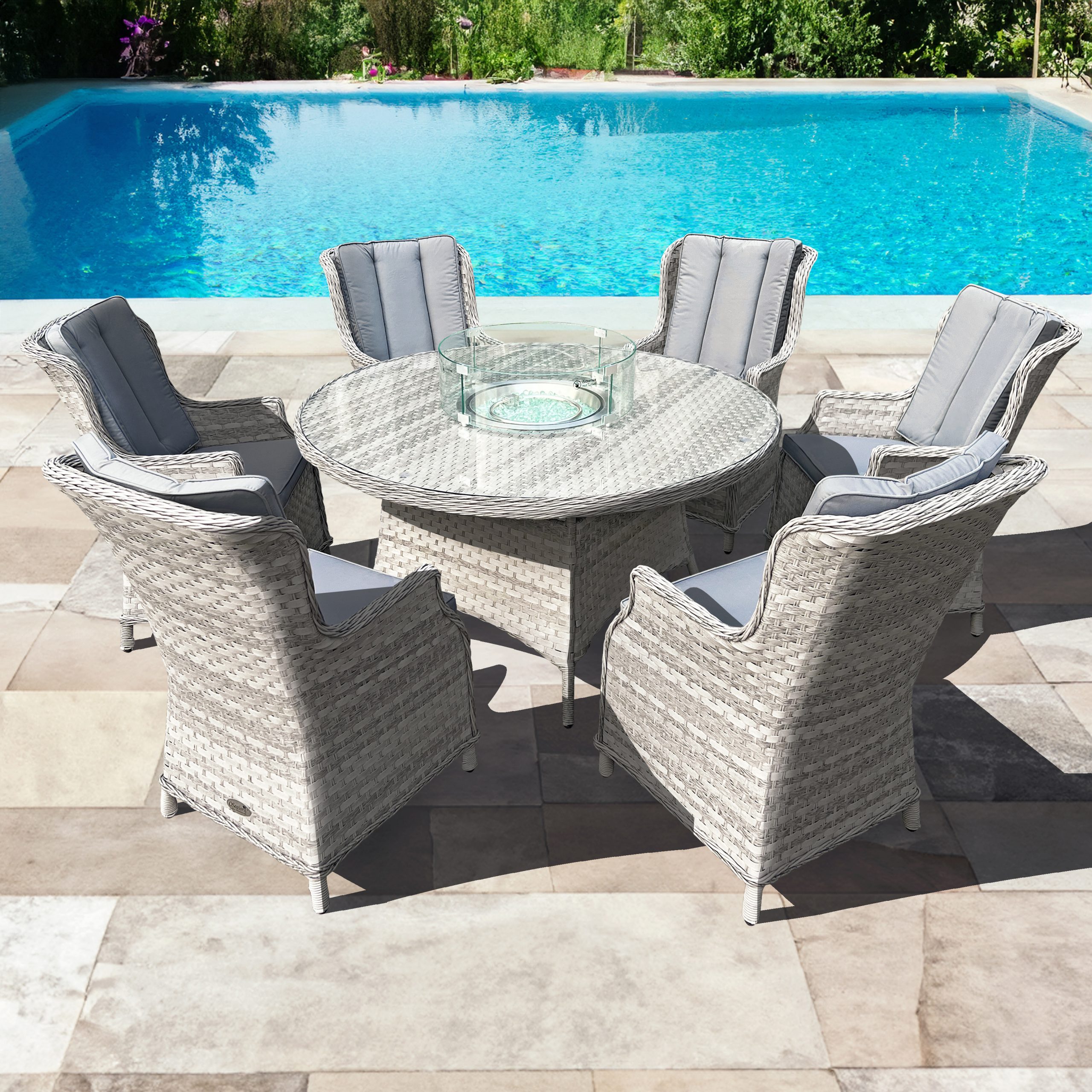 knightsbridge xl rattan 6 seat firepit dining set in dove grey