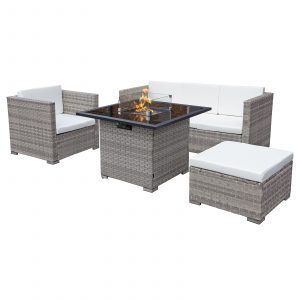 acorn rattan 5 seat firepit lounge set in dove grey with white cushions