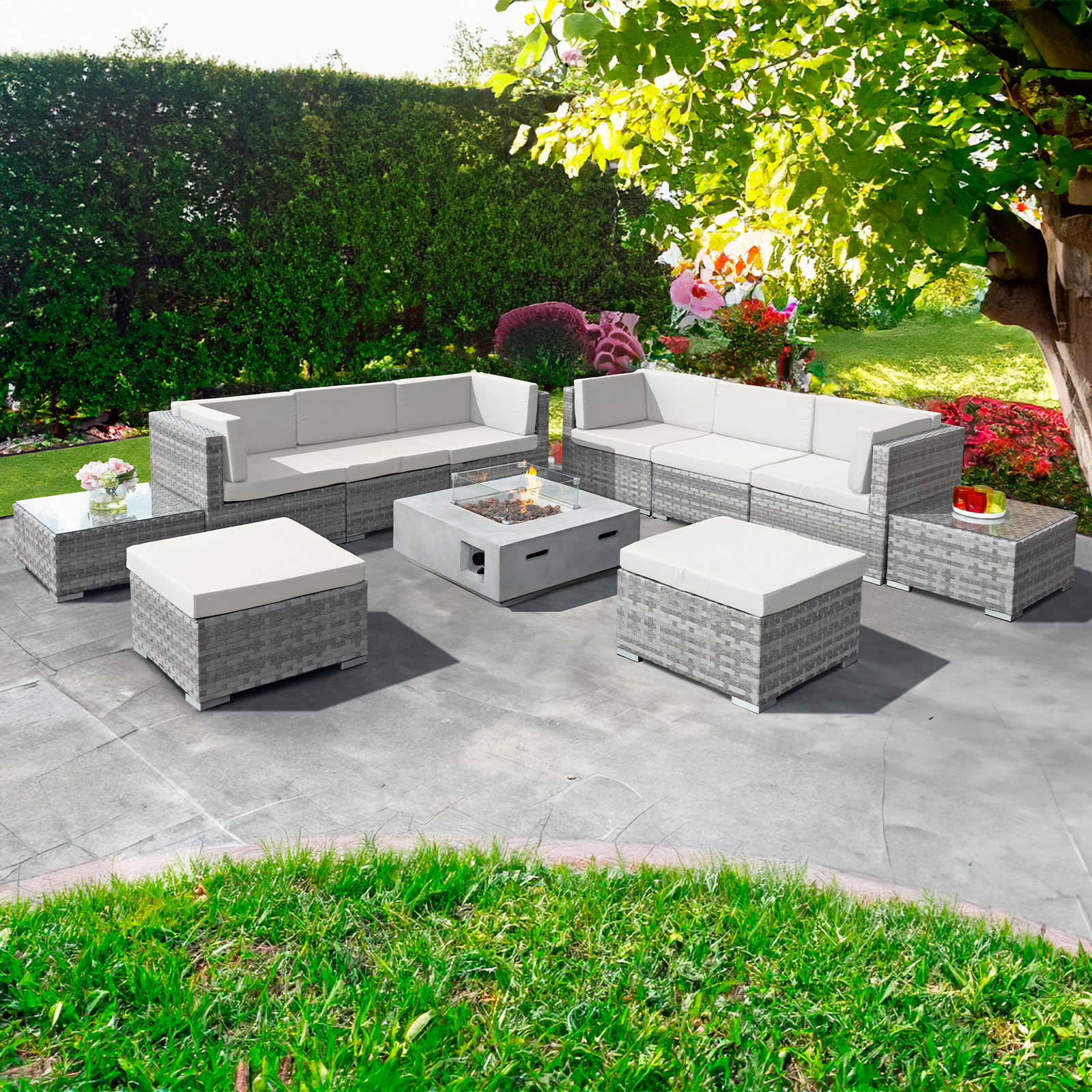 acorn rattan 5 seat firepit lounge set in dove grey