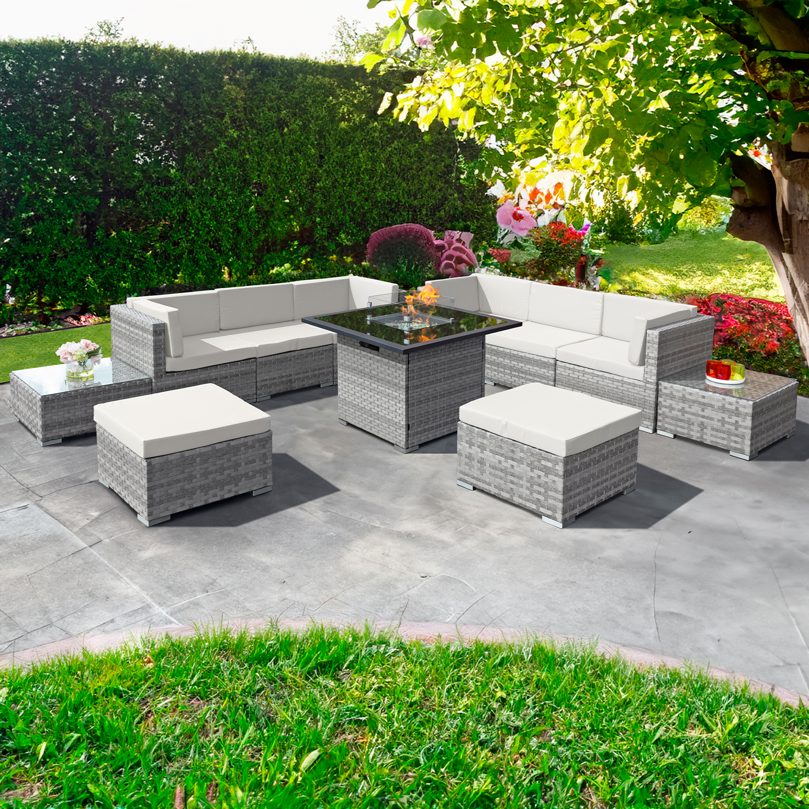 trinidad deluxe rattan 8 seat firepit modular set in dove grey