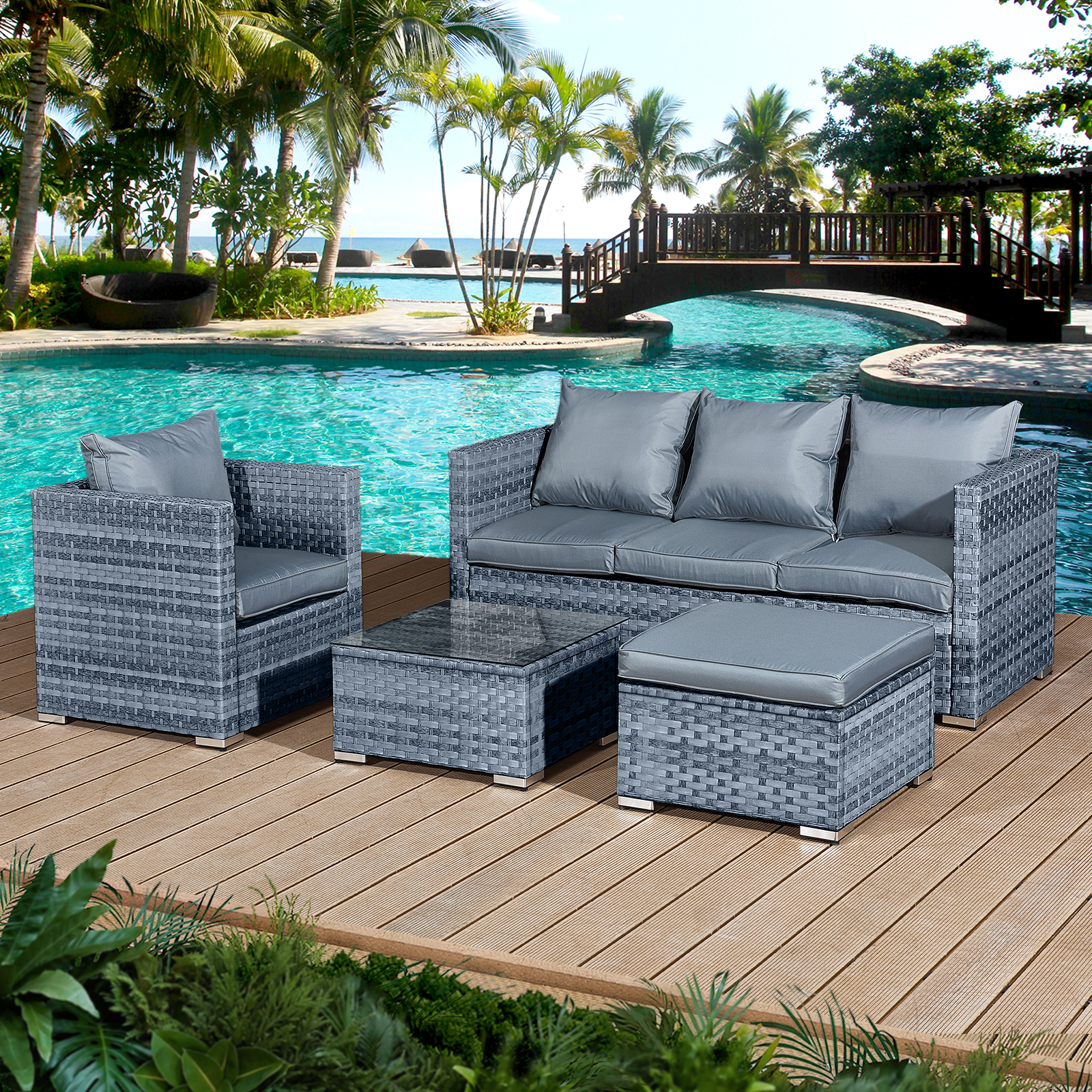 acorn rattan 5 seat lounge sofa set in ocean grey with grey cushions