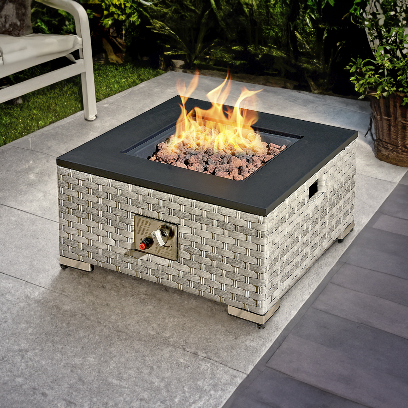 icarus rattan firepit coffee table in dove grey with iron top