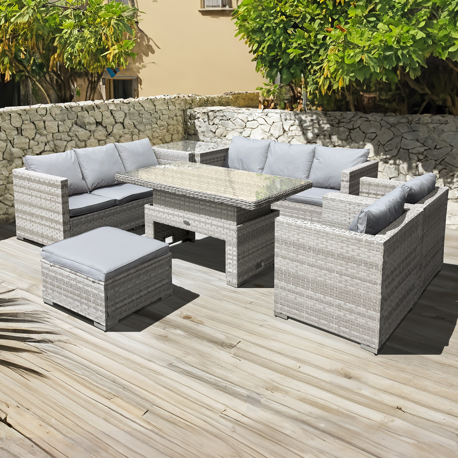 malta xs rattan 9 seat rising table set in dove grey