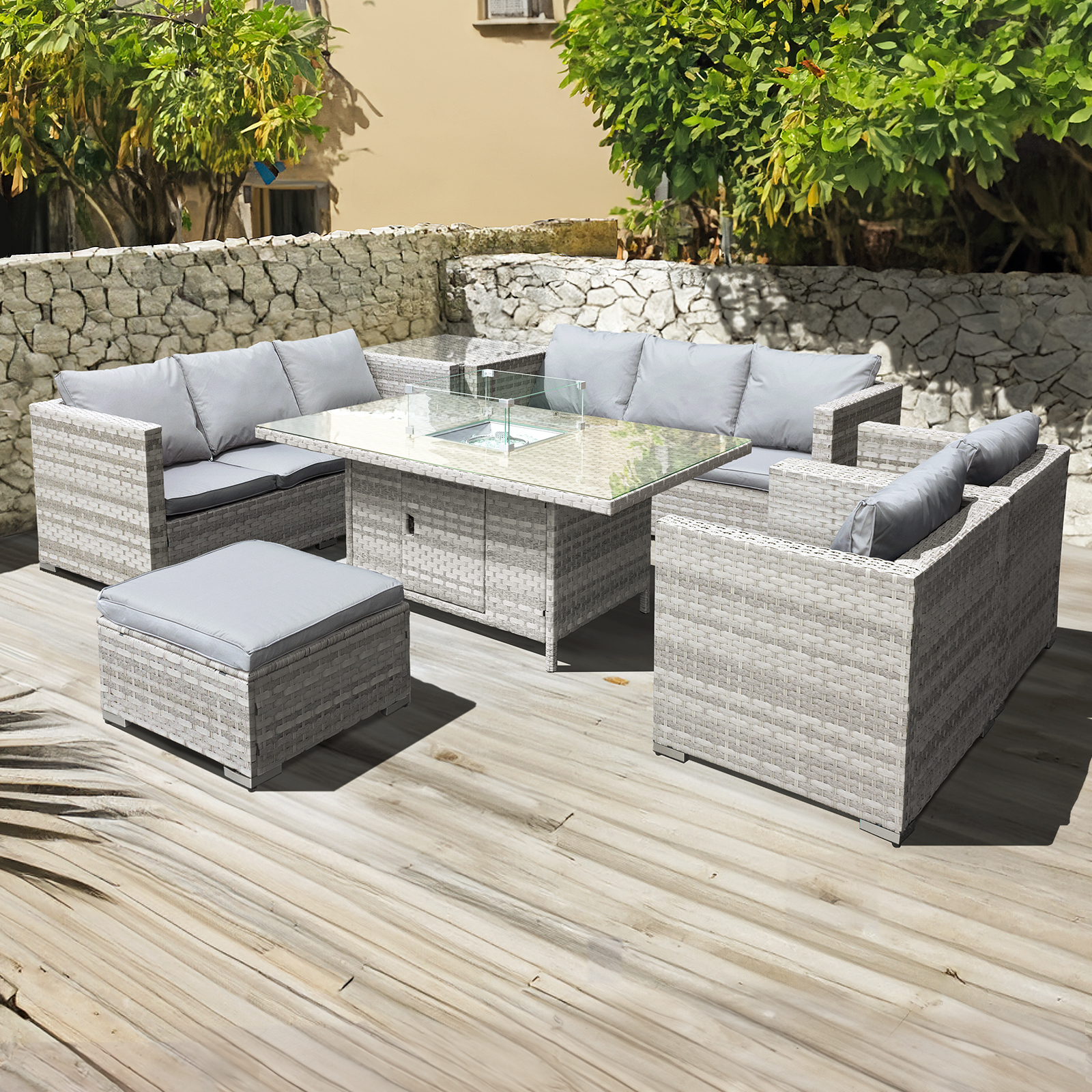 acorn deluxe rattan 10 seat modular sofa set with grc firepit in dove grey