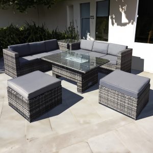 acorn deluxe rattan 10 seat firepit modular set in dove grey with white cushions