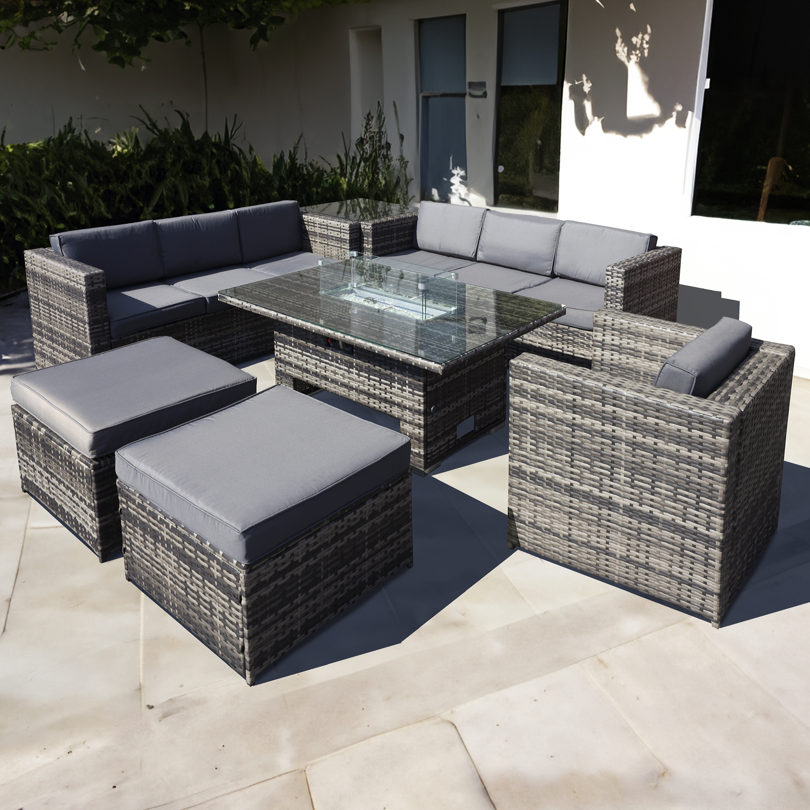 malta rattan 9 seat rising firepit corner set in grey walnut with 2 footstools