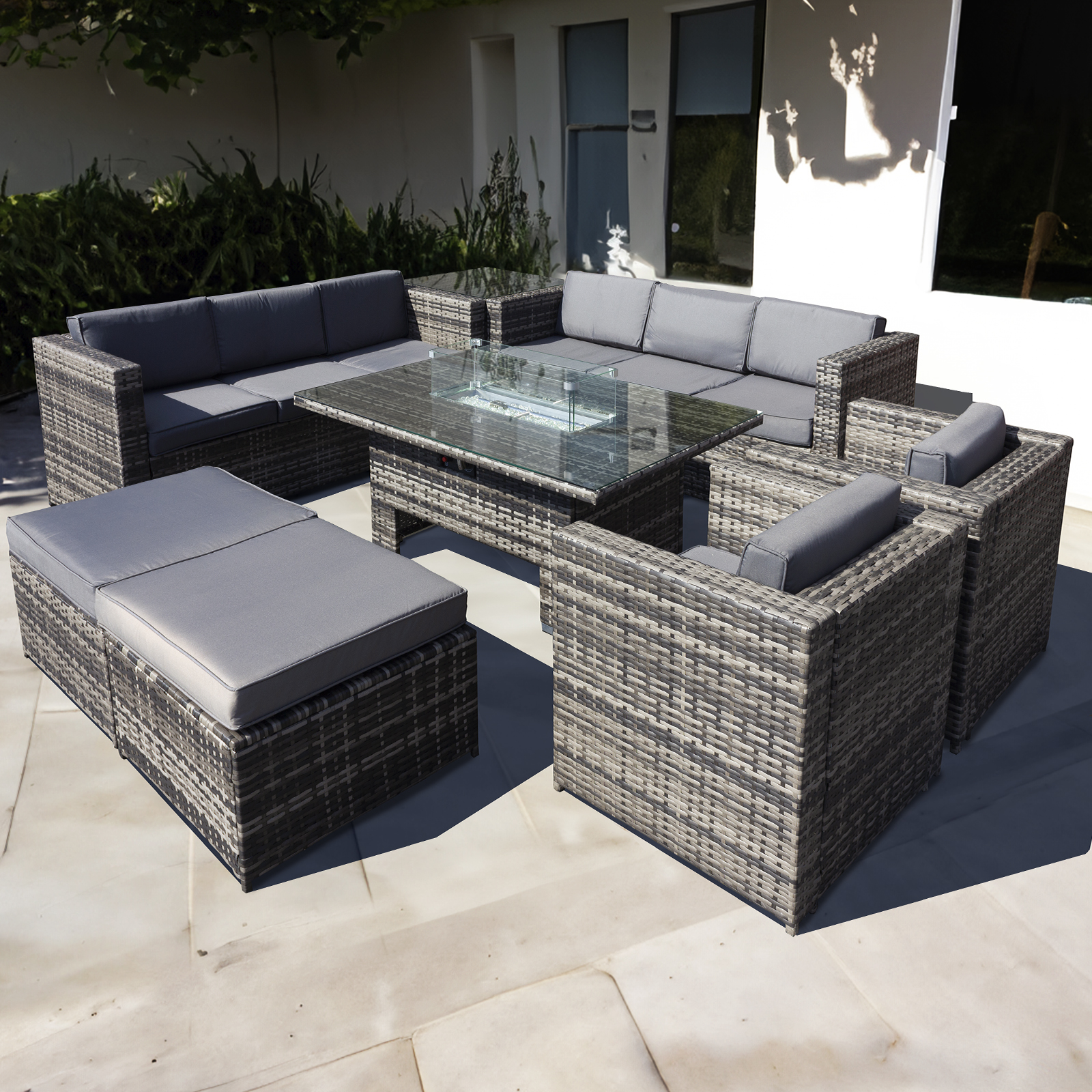 malta rattan 10 seat rising firepit u shape set in grey walnut with 2 footstools