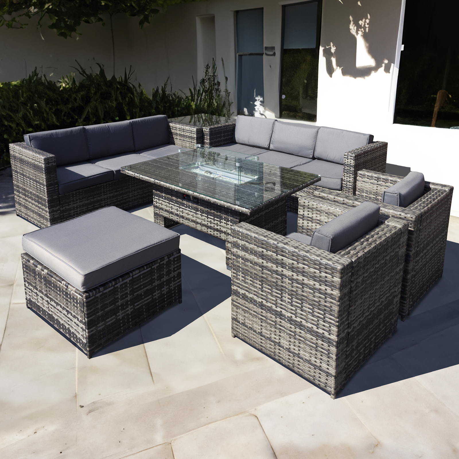 malta rattan 9 seat rising firepit u shape set in grey walnut with footstool