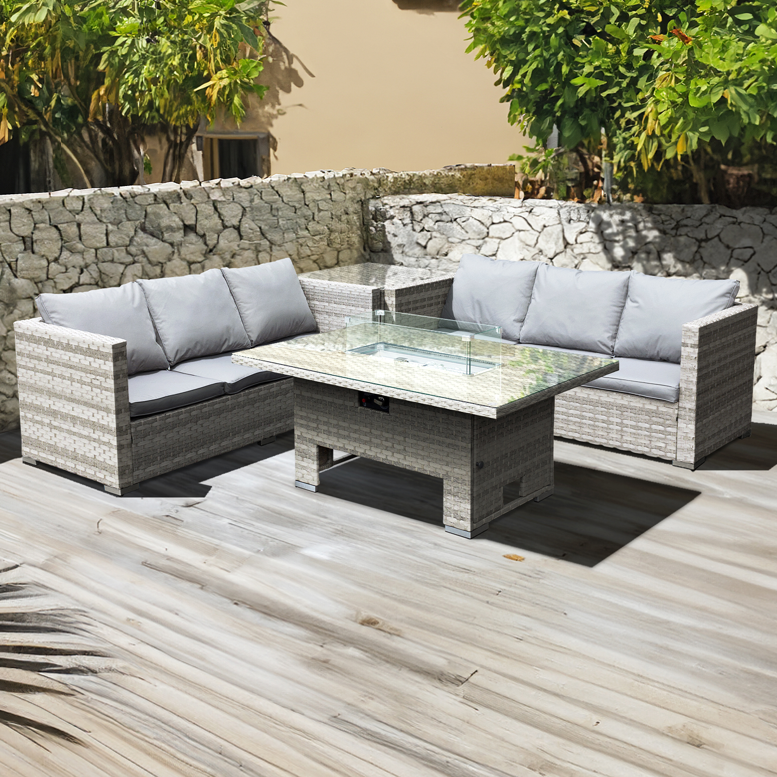 malta rattan 6 seat rising firepit corner set in dove grey