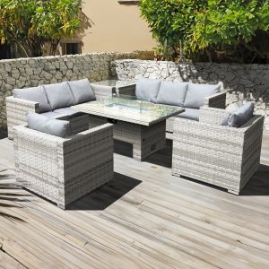 malta rattan 8 seat rising firepit corner set in dove grey