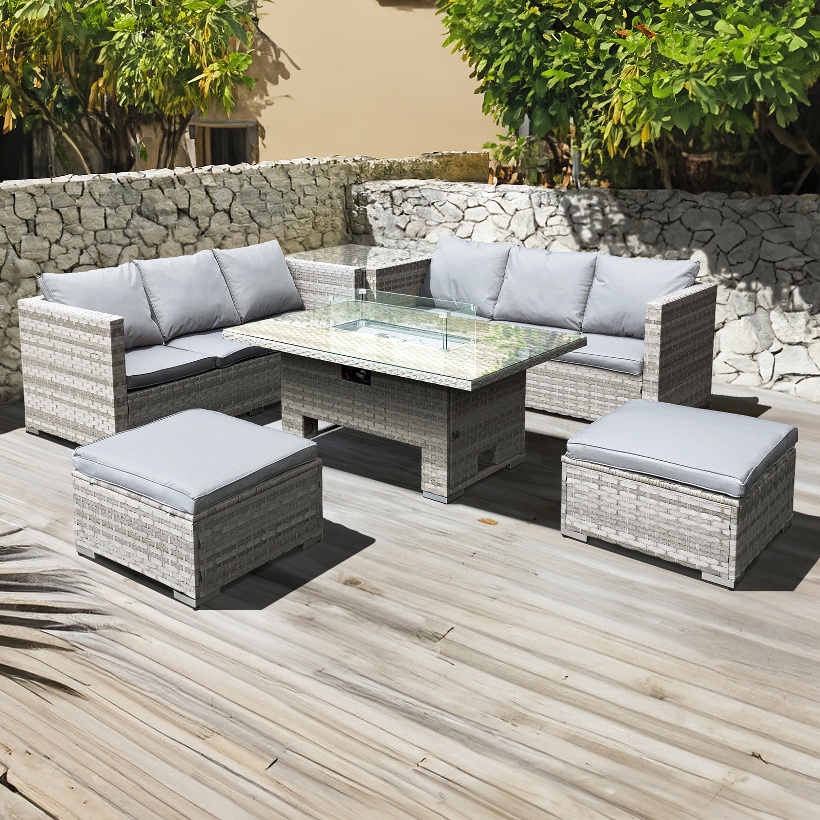 malta rattan 8 seat rising firepit corner set in dove grey with 2 footstools