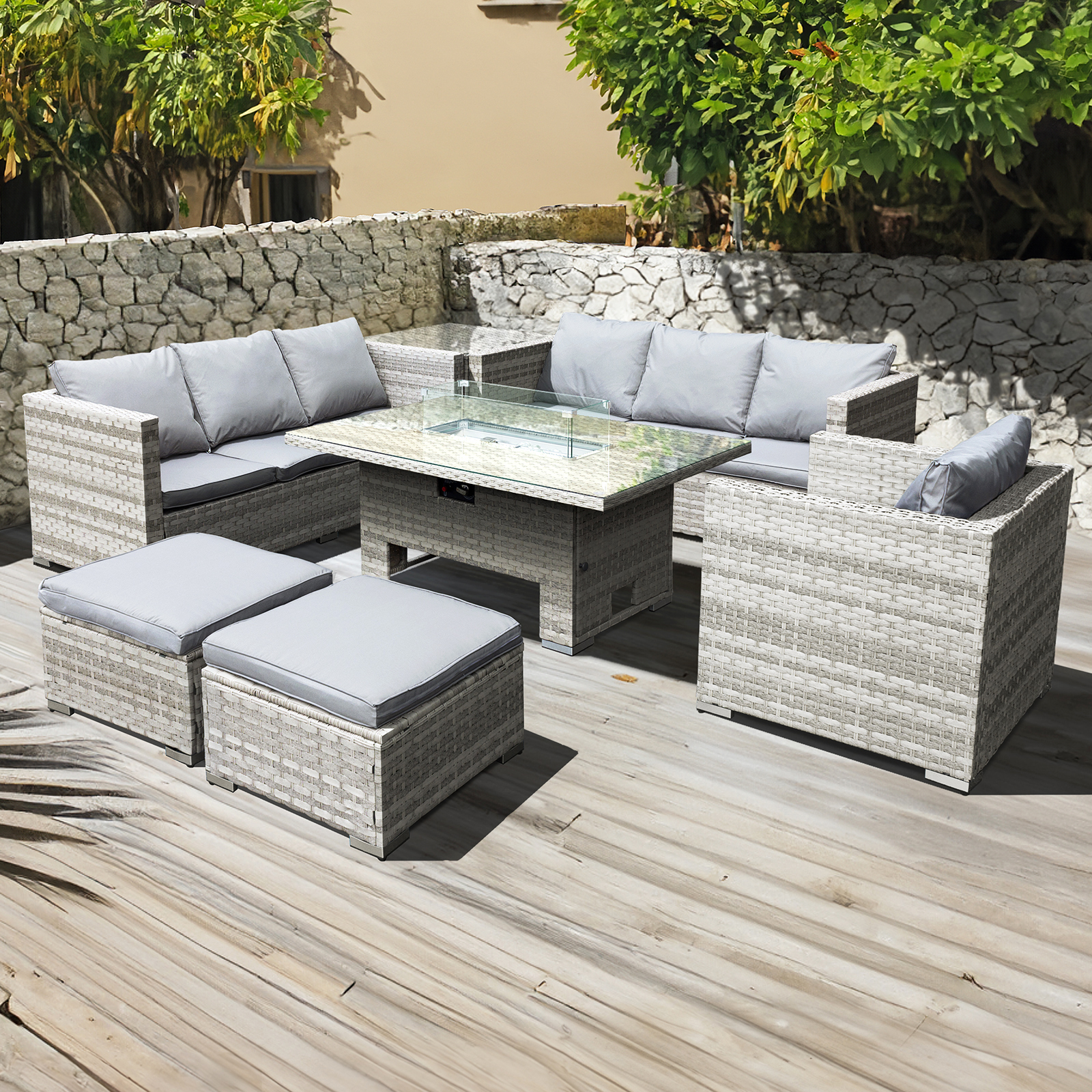 malta rattan 9 seat rising firepit corner set in dove grey with 2 footstools