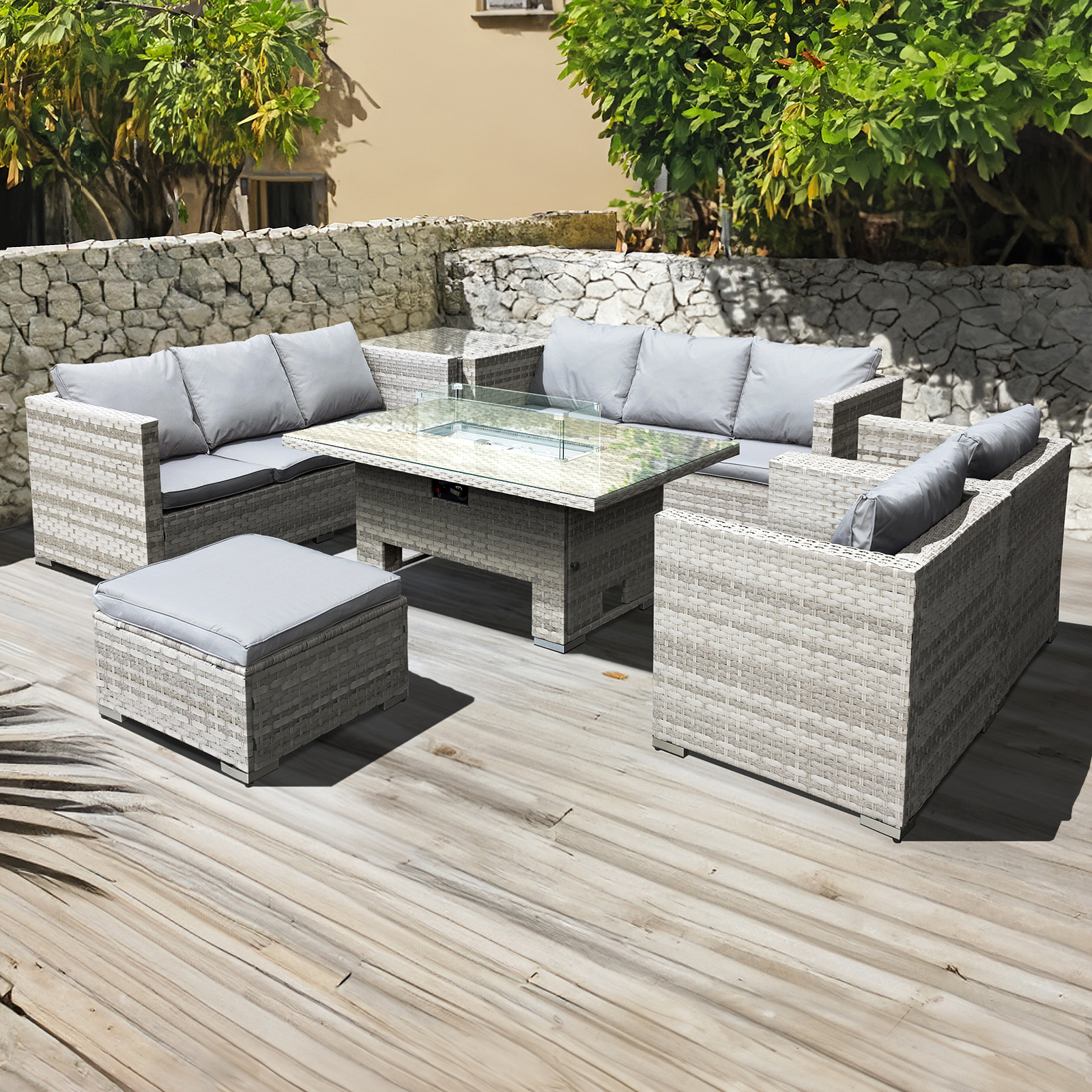 malta rattan 9 seat rising firepit u shape set in dove grey with footstool