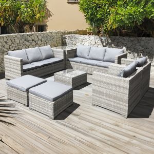 malta rattan 10 seat u shape set in dove grey with 2 footstools