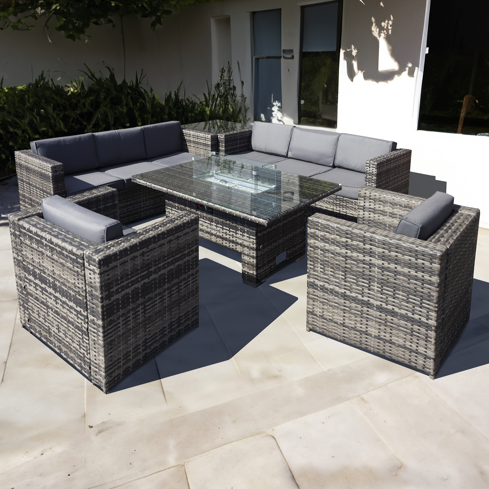 malta rattan 8 seat rising firepit corner set in grey walnut