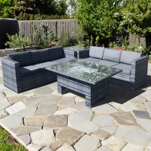 malta rattan 6 seat rising firepit corner set in ocean grey