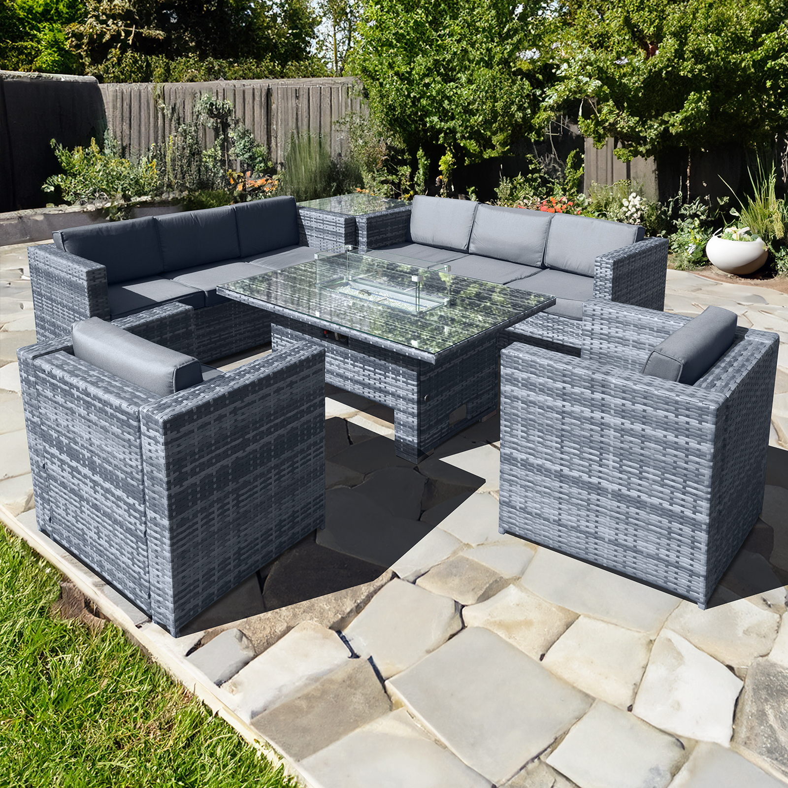 malta rattan 8 seat rising firepit corner set in ocean grey