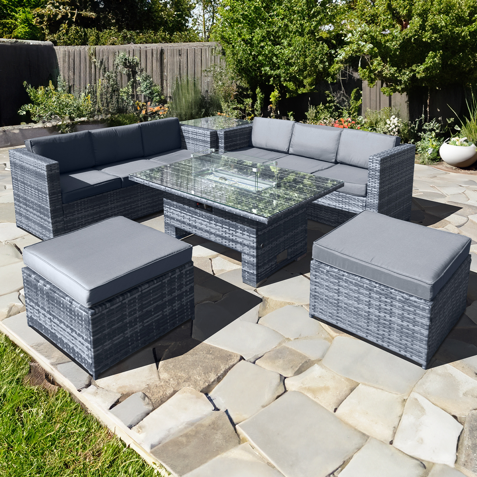 malta rattan 8 seat rising firepit corner set in ocean grey with 2 footstools