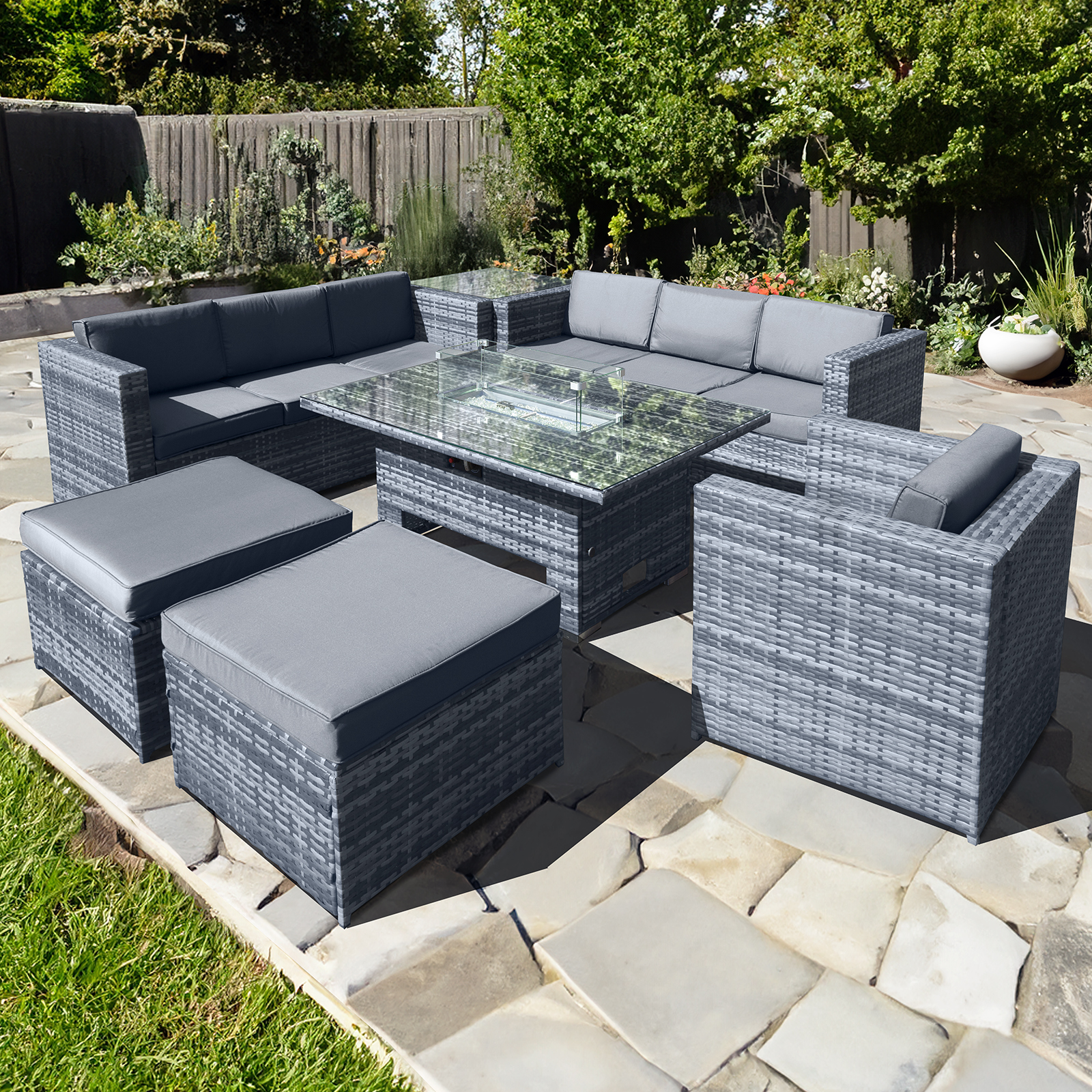 malta rattan 9 seat rising firepit corner set in ocean grey with 2 footstools