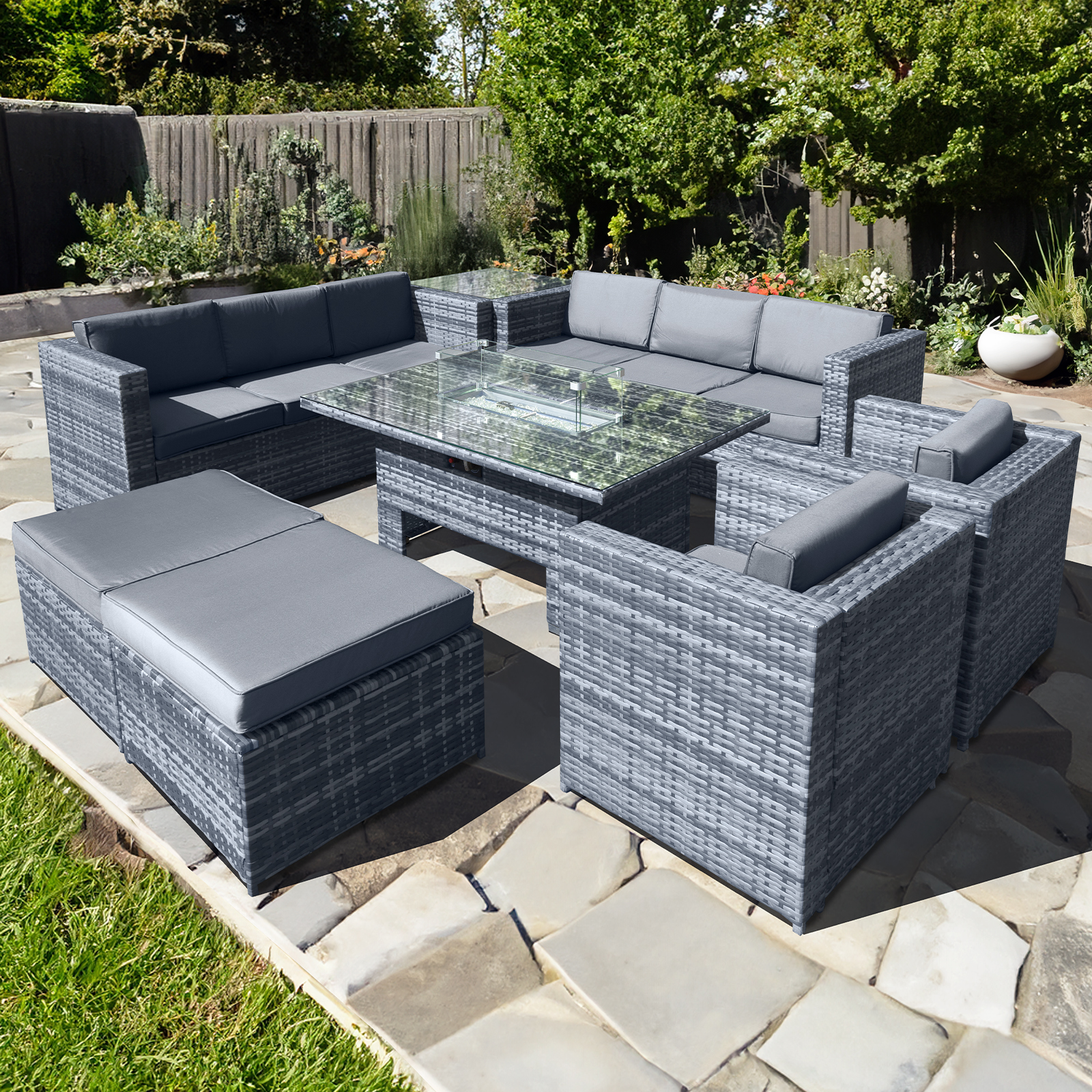 malta rattan 10 seat rising firepit u shape set in ocean grey with 2 footstools