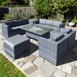 malta rattan 9 seat rising firepit u shape set in ocean grey with footstool