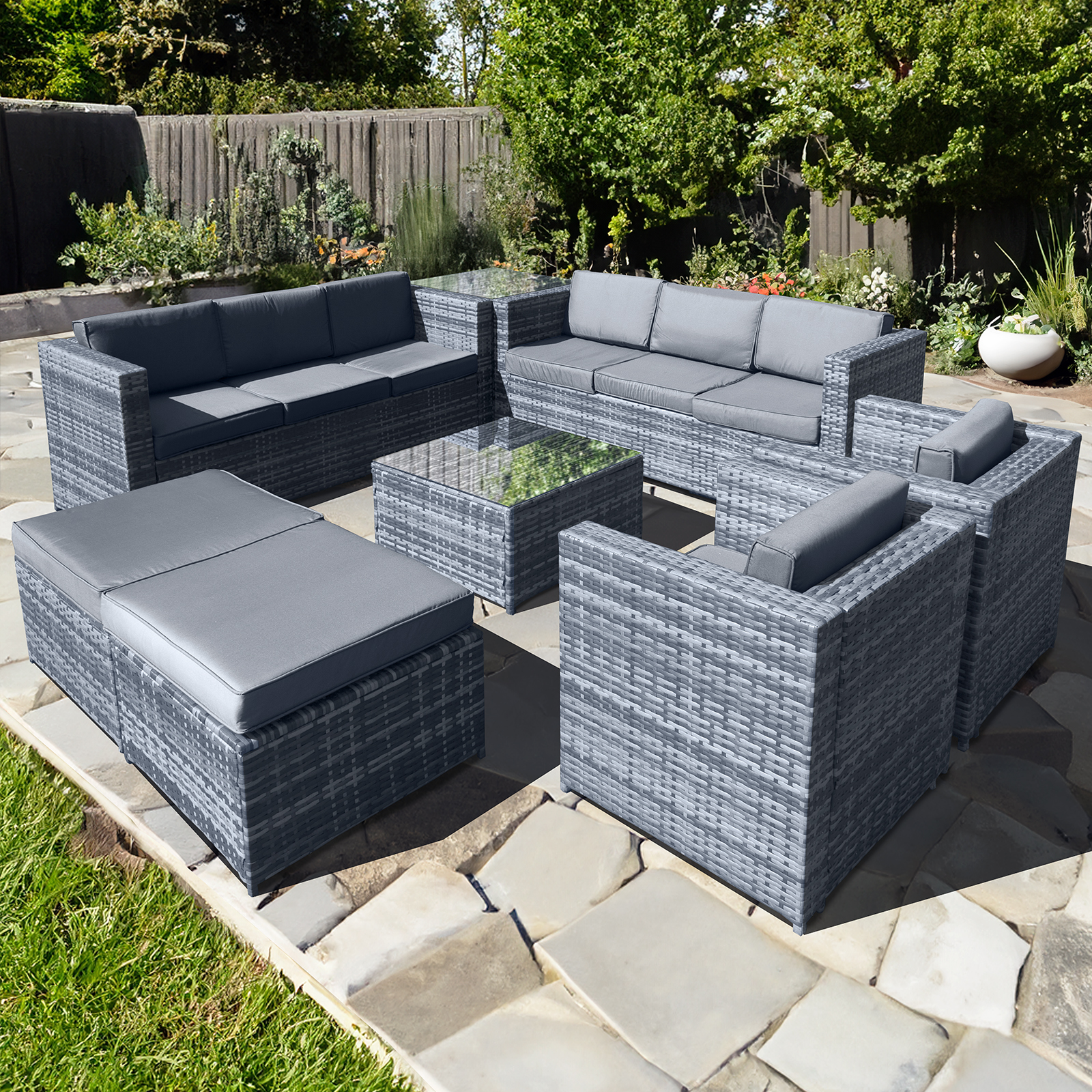 malta rattan 10 seat u shape set in ocean grey with 2 footstools