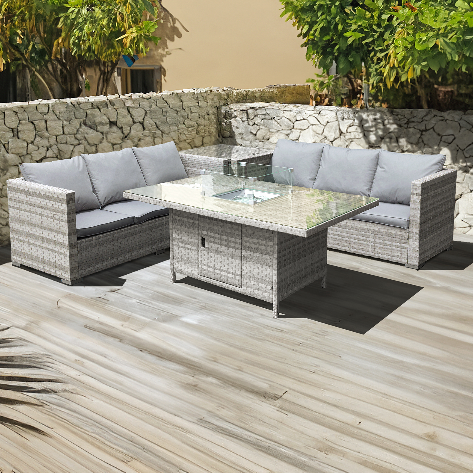 malta rattan 6 seat firepit corner set in dove grey