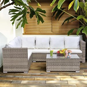 acorn alt rattan 6 seat corner sofa set in dove grey with creamy white cushions