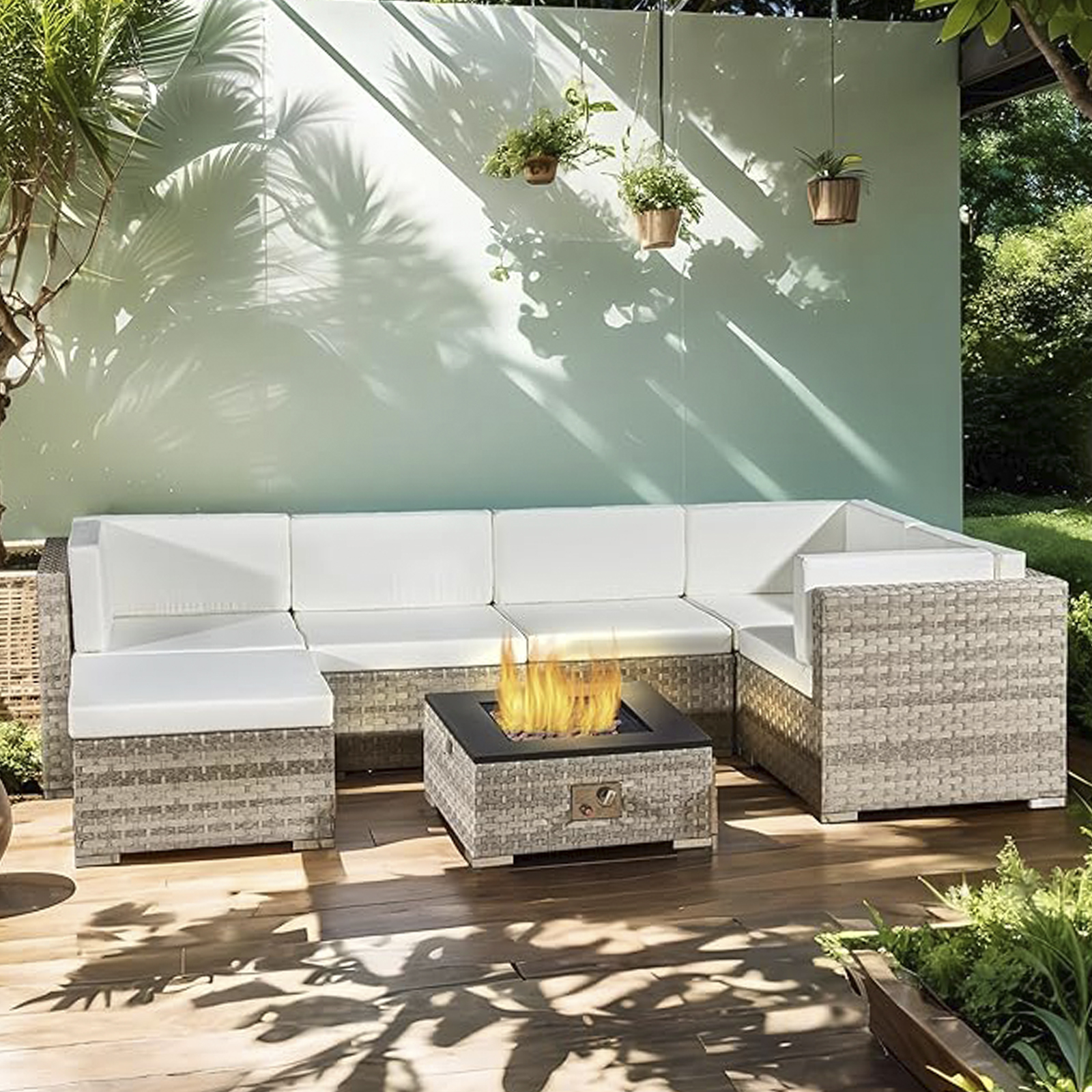 acorn rattan 5 seat firepit lounge set in dove grey with white cushions