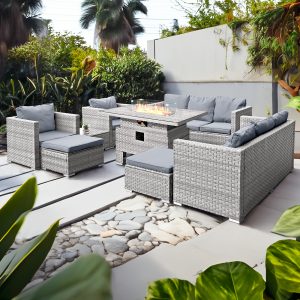 acorn deluxe rattan 10 seat rising firepit sofa set in dove grey