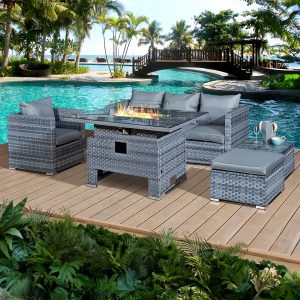acorn rattan 5 seat rising firepit sofa set in ocean grey