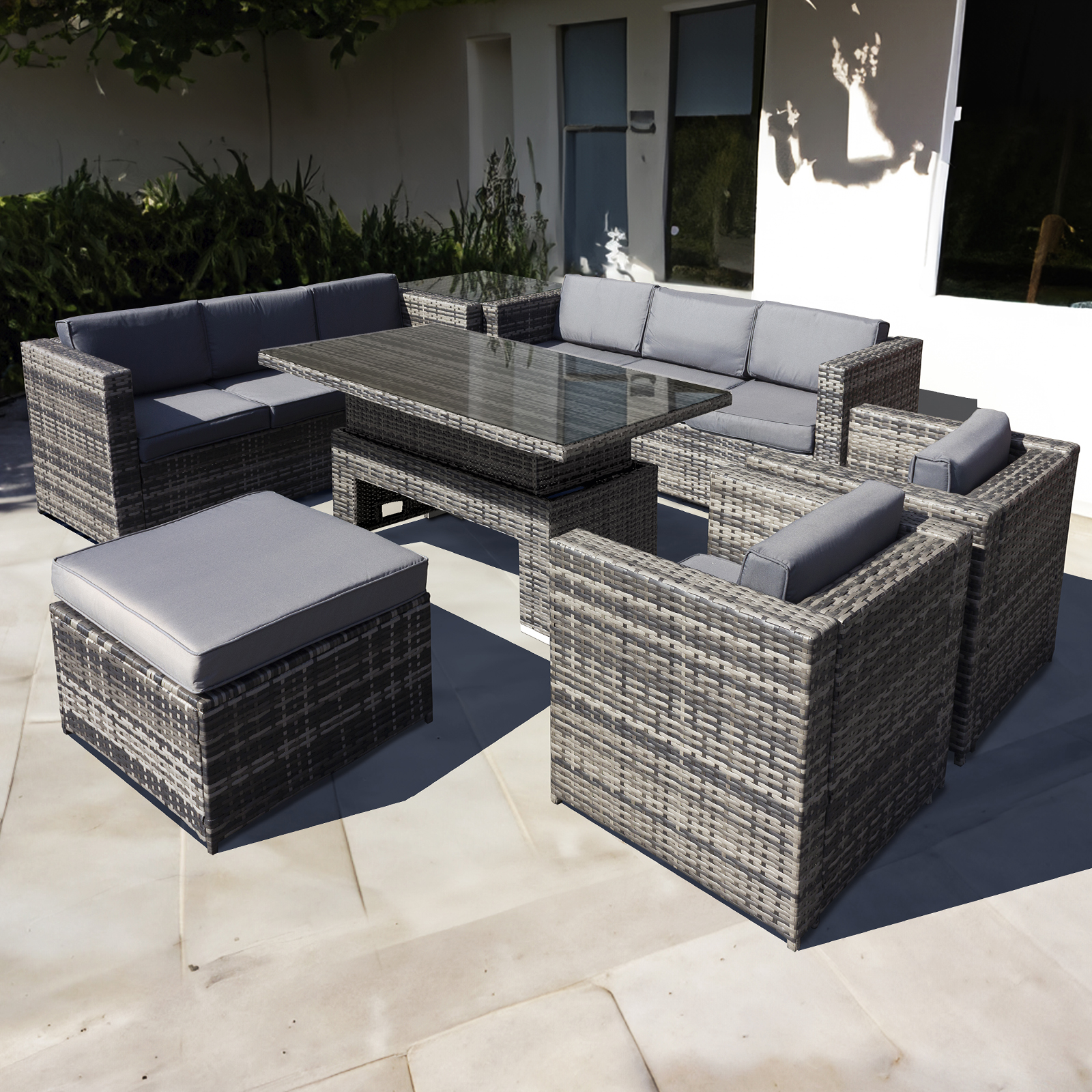 malta rattan 9 seat rising table u shape set in walnut grey