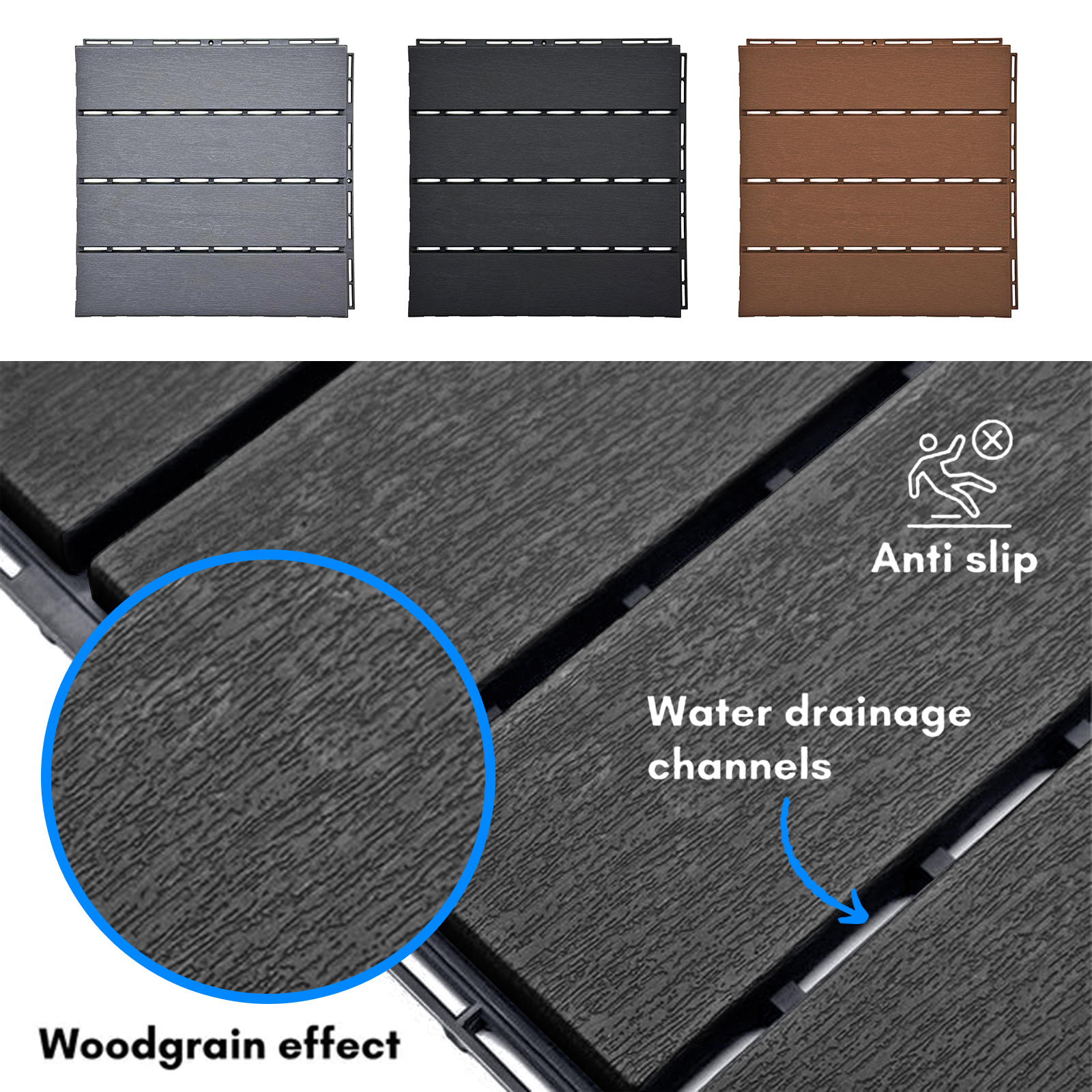 polydeck (pack of 12) woodgrain effect 30x30cm decking tiles in black