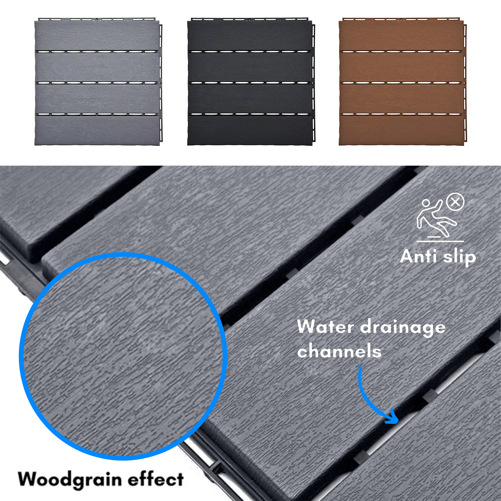 polydeck (pack of 12) woodgrain effect 30x30cm decking tiles in grey