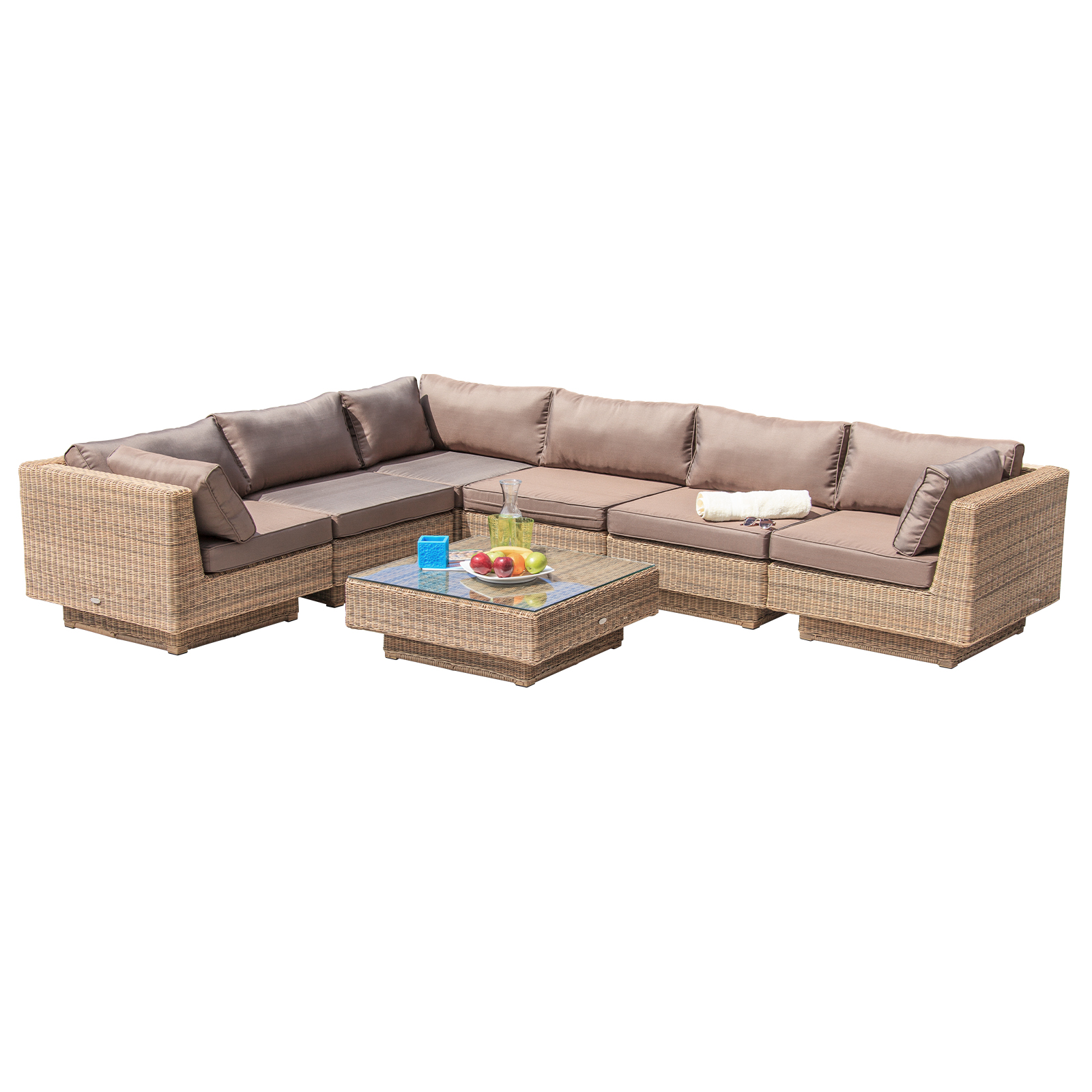 chicago rattan 6 seater deluxe modular lounge set in 4 seasons with brown cushions