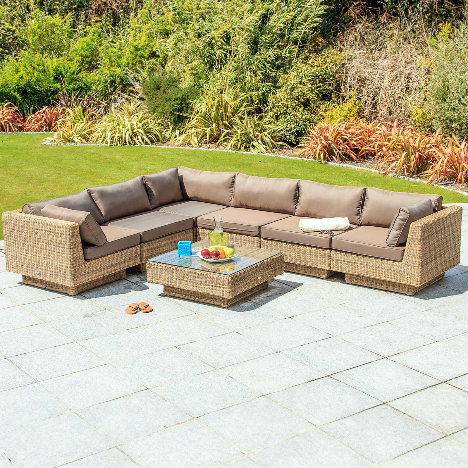 chicago rattan 6 seater deluxe modular lounge set in 4 seasons with brown cushions
